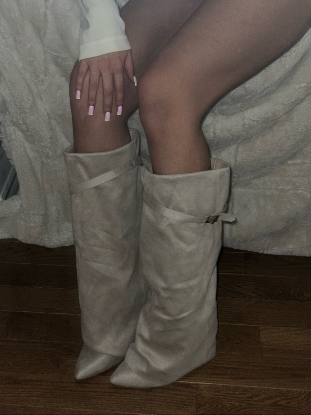 Women's Beige/Grey Slouch Knee-High Boots